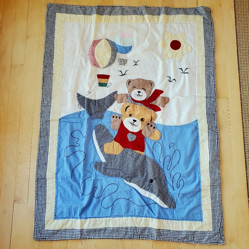 VINTAGE Bear/Dolphin Baby Quilt Crib Blanket Throw Nursery Bedding Blue Boy/Girl